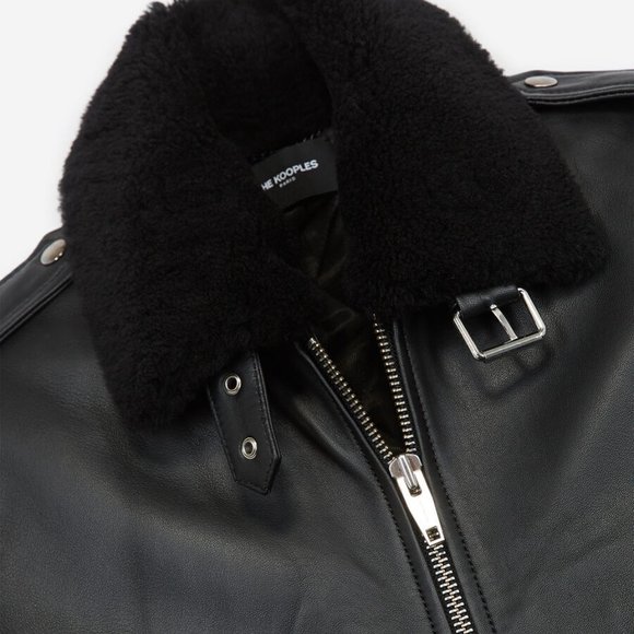 THE KOOPLES Black Leather Flight Jacket W/Shearling Neck Size S - Picture 6 of 8